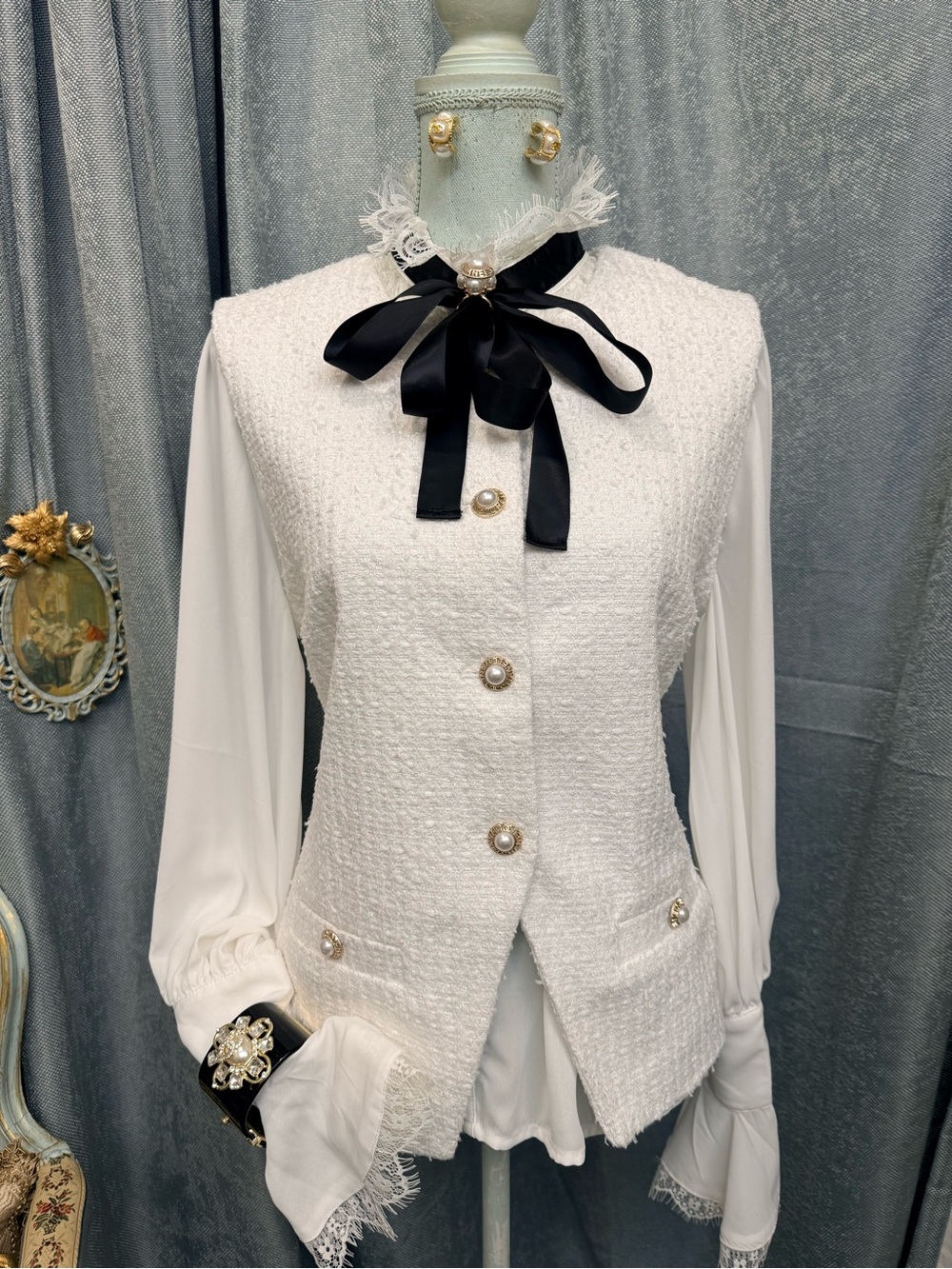 White Tweed Vest  with Earrings and Ring Scarf